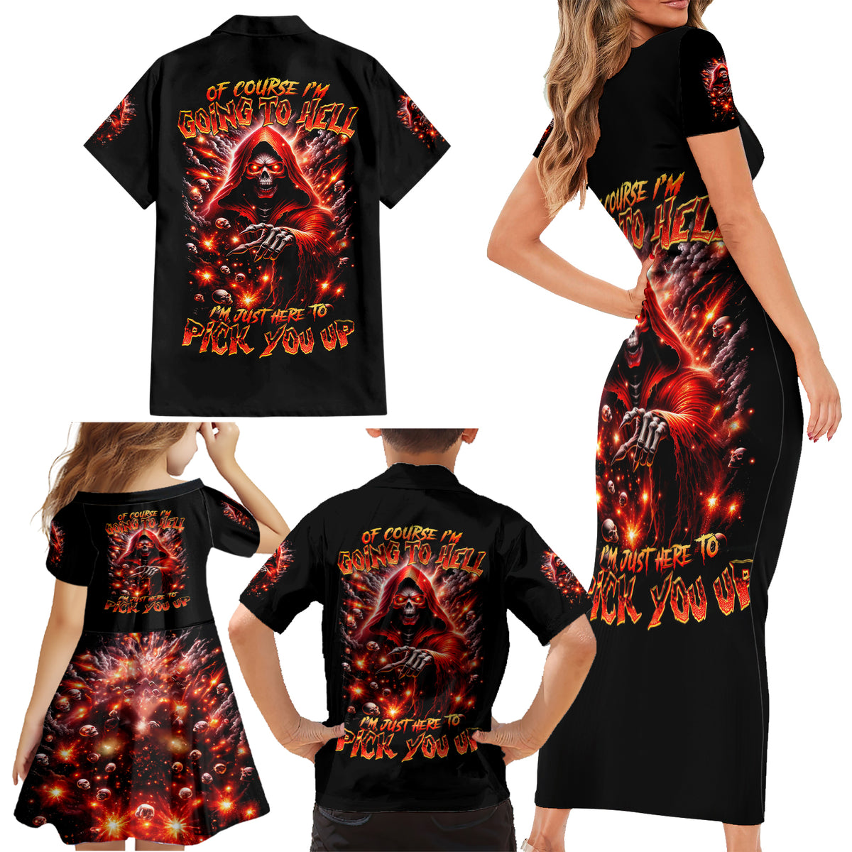 Flame Skull Family Matching Short Sleeve Bodycon Dress and Hawaiian Shirt Of Course I'm Going To Hell Just Pick You Up - Wonder Print Shop
