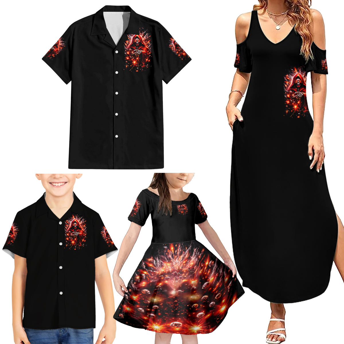 Flame Skull Family Matching Summer Maxi Dress and Hawaiian Shirt Of Course I'm Going To Hell Just Pick You Up - Wonder Print Shop