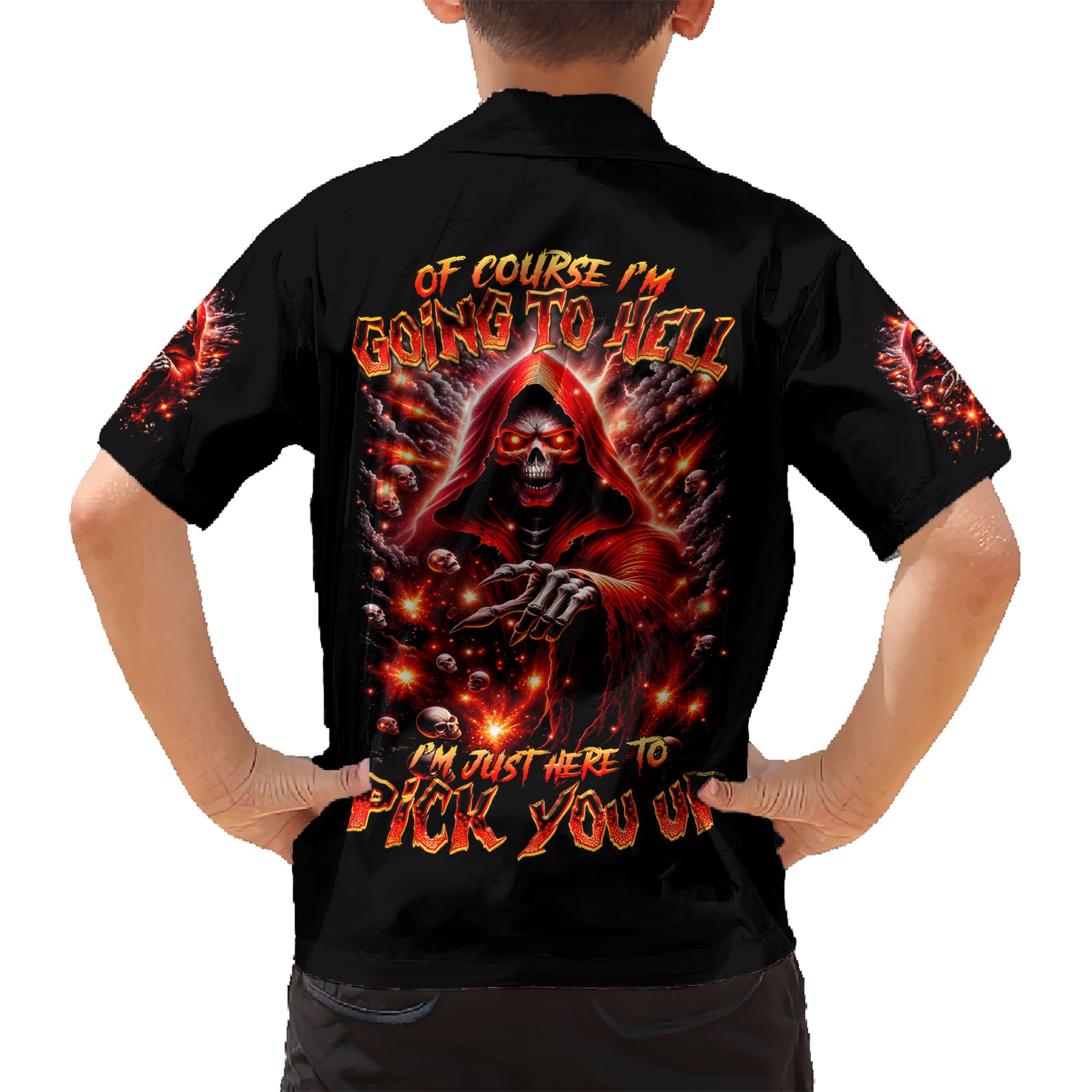 Flame Skull Kid Hawaiian Shirt Of Course I'm Going To Hell Just Pick You Up - Wonder Print Shop