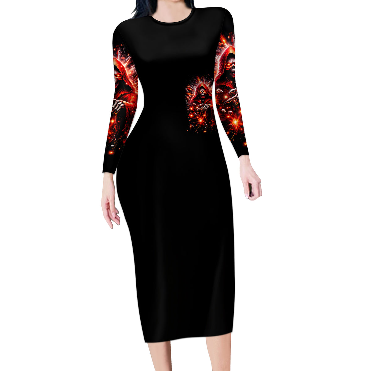 Flame Skull Long Sleeve Bodycon Dress Of Course I'm Going To Hell Just Pick You Up - Wonder Print Shop