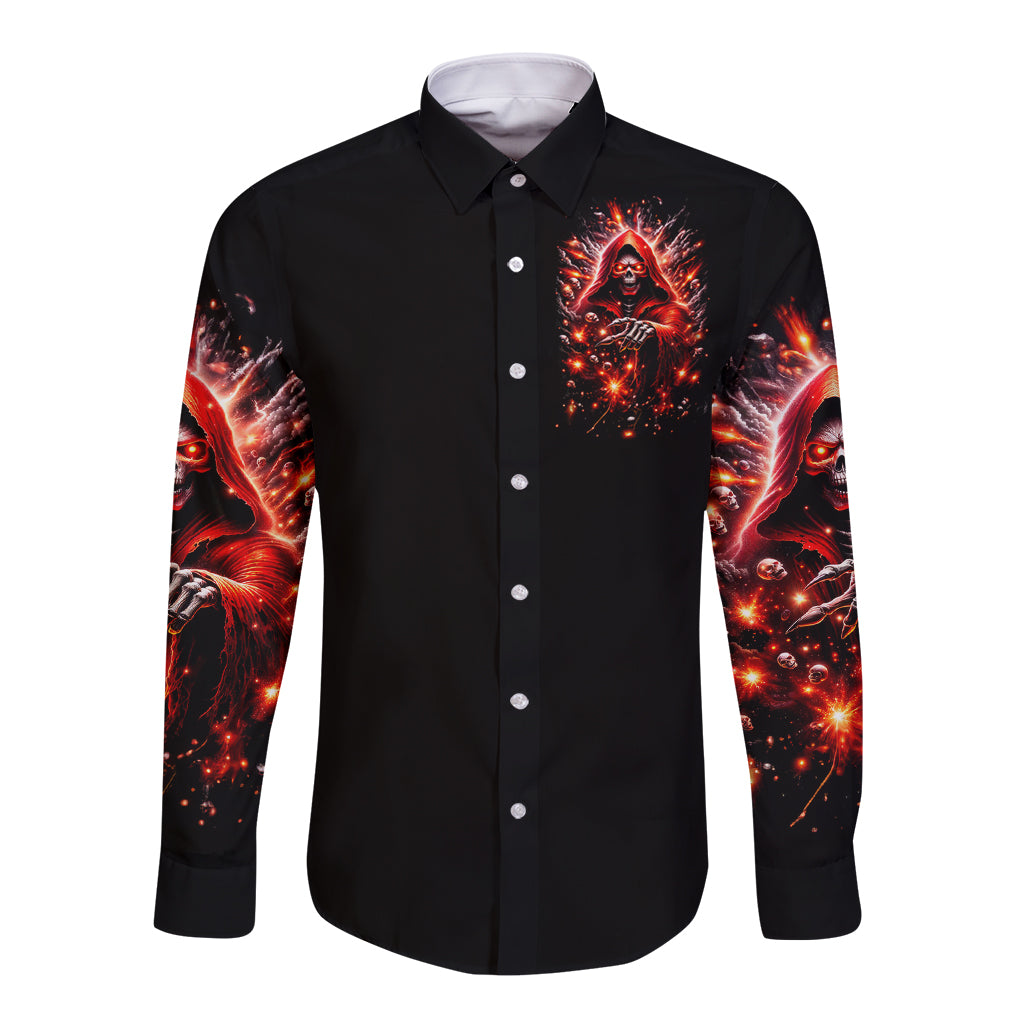 Flame Skull Long Sleeve Button Shirt Of Course I'm Going To Hell Just Pick You Up - Wonder Print Shop