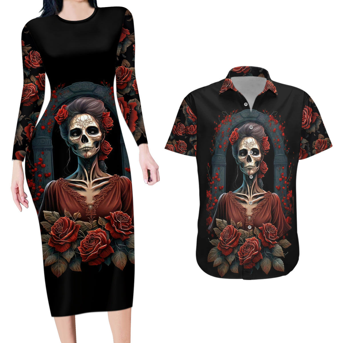 Day of Dead Lady Couples Matching Long Sleeve Bodycon Dress and Hawaiian Shirt Sugar Skull Rose Lady - Wonder Print Shop