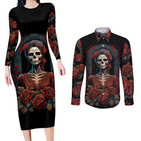 Day of Dead Lady Couples Matching Long Sleeve Bodycon Dress and Long Sleeve Button Shirt Sugar Skull Rose Lady - Wonder Print Shop