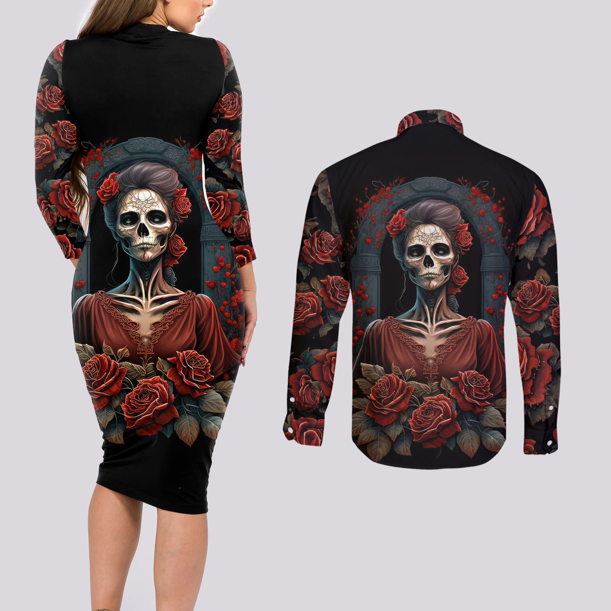 Day of Dead Lady Couples Matching Long Sleeve Bodycon Dress and Long Sleeve Button Shirt Sugar Skull Rose Lady - Wonder Print Shop