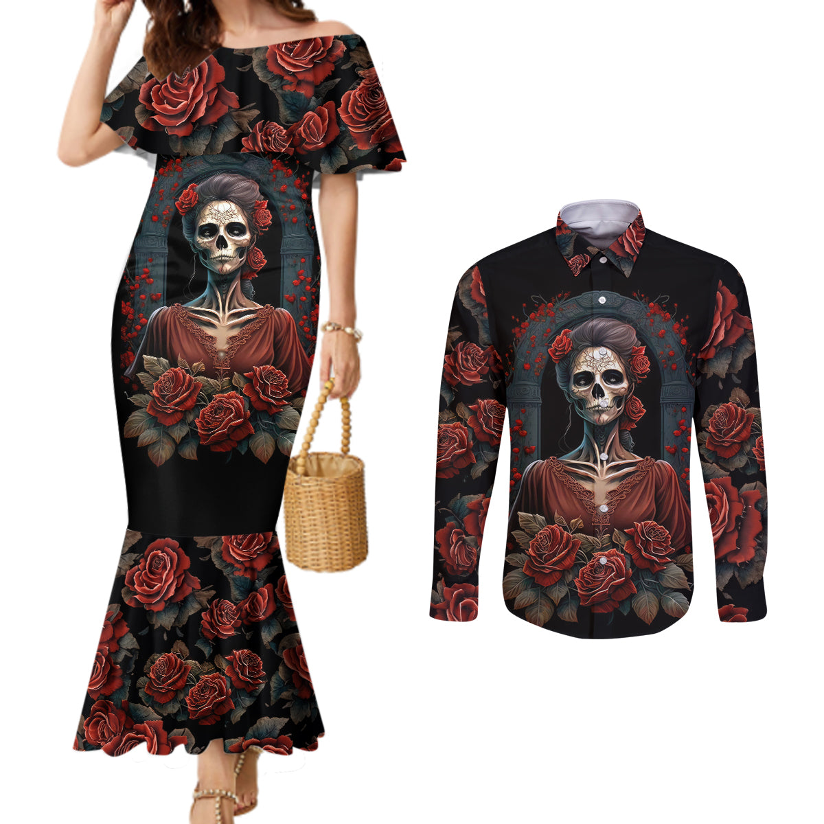 day-of-dead-lady-couples-matching-mermaid-dress-and-long-sleeve-button-shirt-sugar-skull-rose-lady