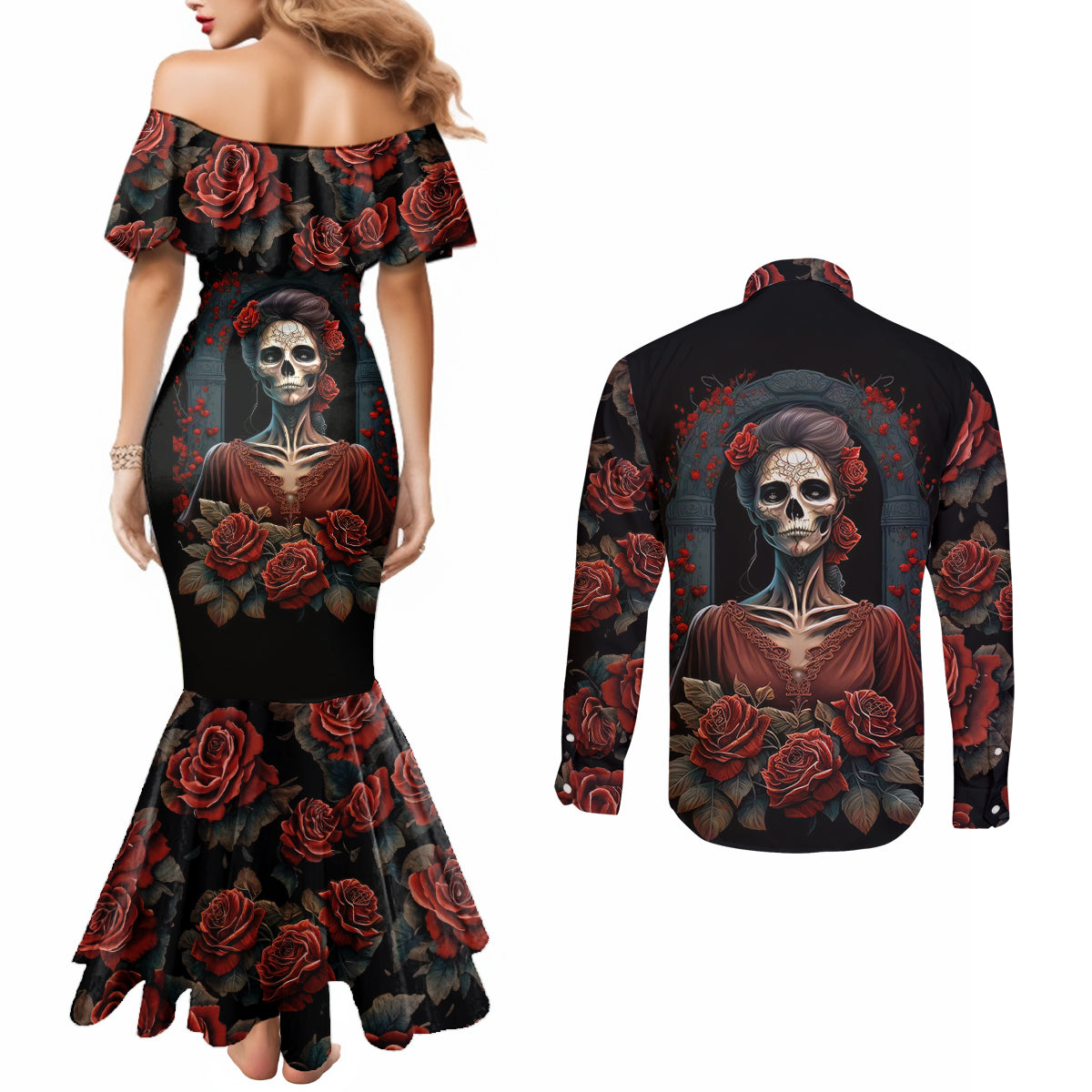 day-of-dead-lady-couples-matching-mermaid-dress-and-long-sleeve-button-shirt-sugar-skull-rose-lady