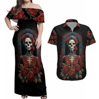 Day of Dead Lady Couples Matching Off Shoulder Maxi Dress and Hawaiian Shirt Sugar Skull Rose Lady - Wonder Print Shop