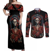 Day of Dead Lady Couples Matching Off Shoulder Maxi Dress and Long Sleeve Button Shirt Sugar Skull Rose Lady - Wonder Print Shop