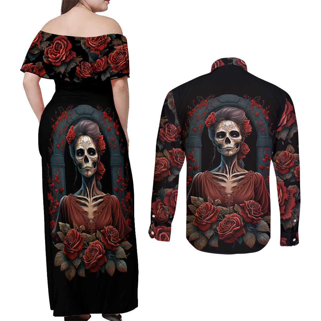 Day of Dead Lady Couples Matching Off Shoulder Maxi Dress and Long Sleeve Button Shirt Sugar Skull Rose Lady - Wonder Print Shop