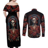 Day of Dead Lady Couples Matching Off Shoulder Maxi Dress and Long Sleeve Button Shirt Sugar Skull Rose Lady - Wonder Print Shop