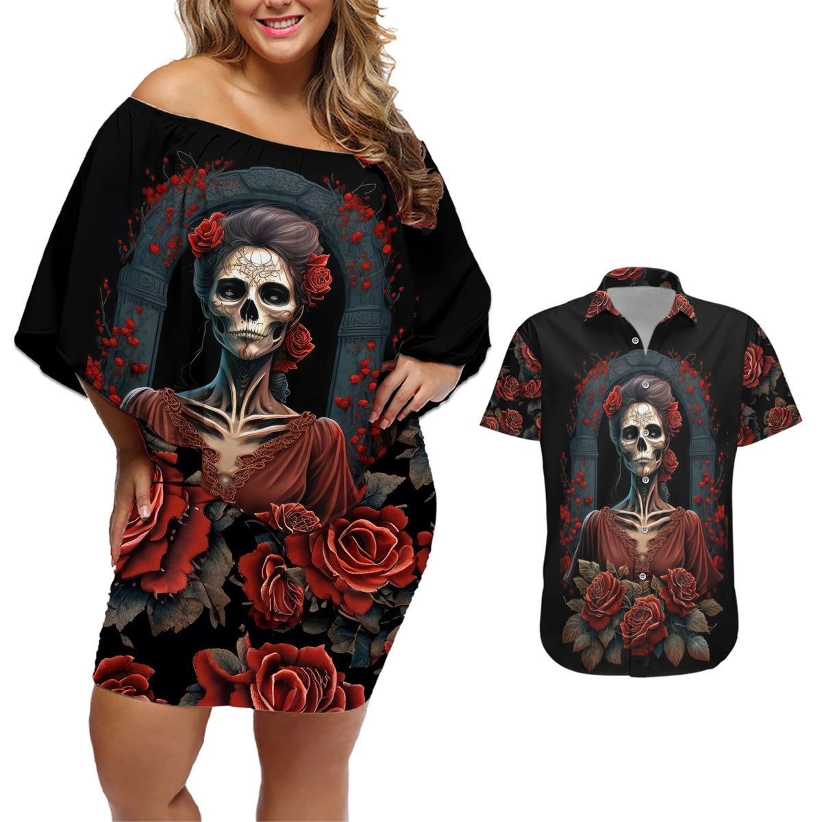 Day of Dead Lady Couples Matching Off Shoulder Short Dress and Hawaiian Shirt Sugar Skull Rose Lady - Wonder Print Shop