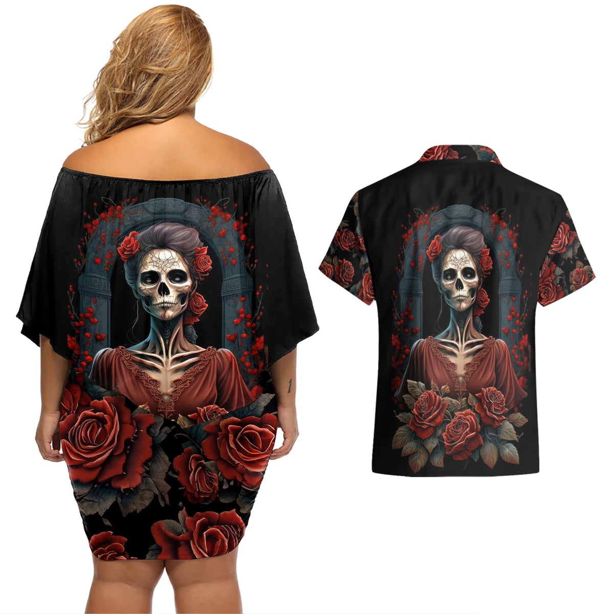 Day of Dead Lady Couples Matching Off Shoulder Short Dress and Hawaiian Shirt Sugar Skull Rose Lady - Wonder Print Shop