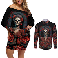 Day of Dead Lady Couples Matching Off Shoulder Short Dress and Long Sleeve Button Shirt Sugar Skull Rose Lady - Wonder Print Shop