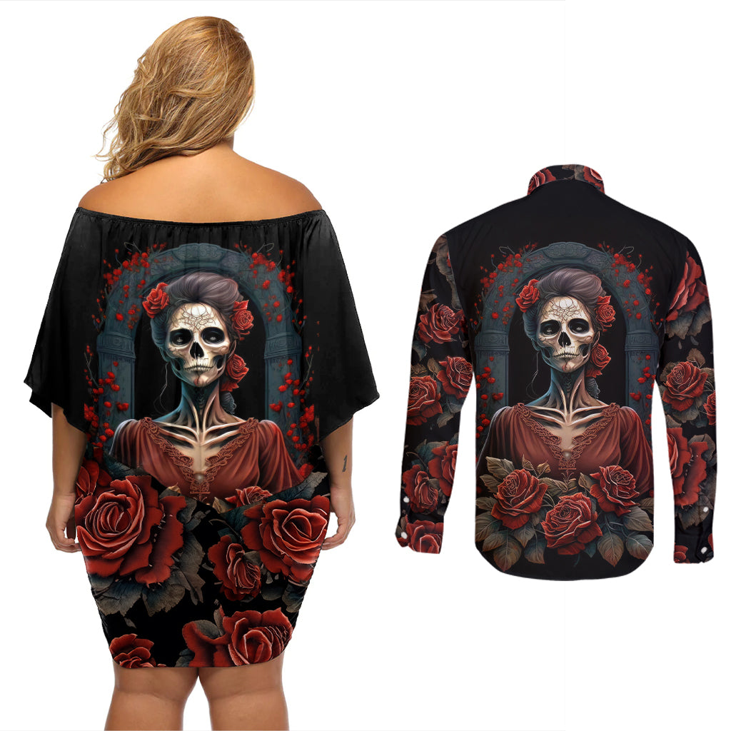Day of Dead Lady Couples Matching Off Shoulder Short Dress and Long Sleeve Button Shirt Sugar Skull Rose Lady - Wonder Print Shop
