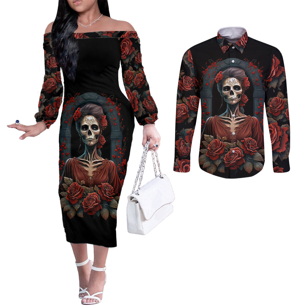day-of-dead-lady-couples-matching-off-the-shoulder-long-sleeve-dress-and-long-sleeve-button-shirt-sugar-skull-rose-lady