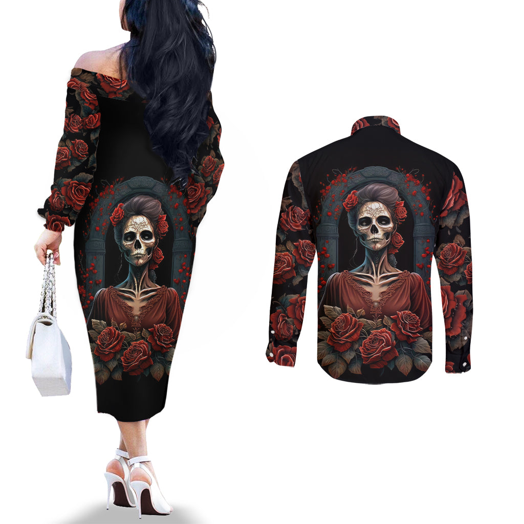 day-of-dead-lady-couples-matching-off-the-shoulder-long-sleeve-dress-and-long-sleeve-button-shirt-sugar-skull-rose-lady
