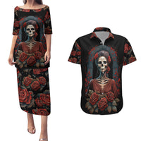 Day of Dead Lady Couples Matching Puletasi Dress and Hawaiian Shirt Sugar Skull Rose Lady - Wonder Print Shop