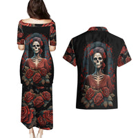 Day of Dead Lady Couples Matching Puletasi Dress and Hawaiian Shirt Sugar Skull Rose Lady - Wonder Print Shop