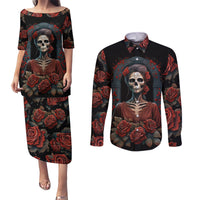 Day of Dead Lady Couples Matching Puletasi Dress and Long Sleeve Button Shirt Sugar Skull Rose Lady - Wonder Print Shop