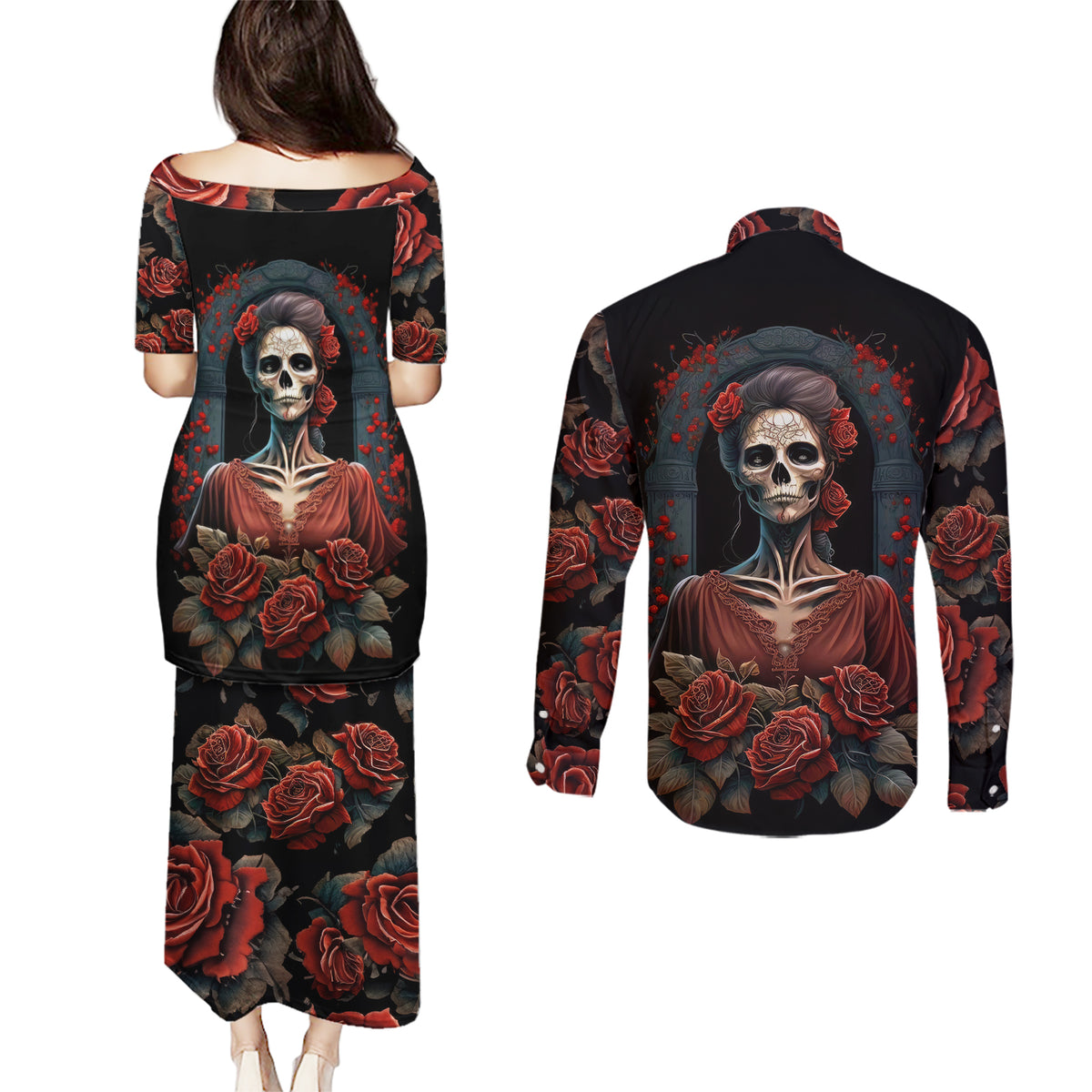 Day of Dead Lady Couples Matching Puletasi Dress and Long Sleeve Button Shirt Sugar Skull Rose Lady - Wonder Print Shop