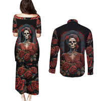 Day of Dead Lady Couples Matching Puletasi Dress and Long Sleeve Button Shirt Sugar Skull Rose Lady - Wonder Print Shop