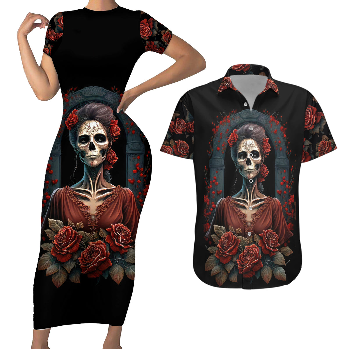 Day of Dead Lady Couples Matching Short Sleeve Bodycon Dress and Hawaiian Shirt Sugar Skull Rose Lady - Wonder Print Shop