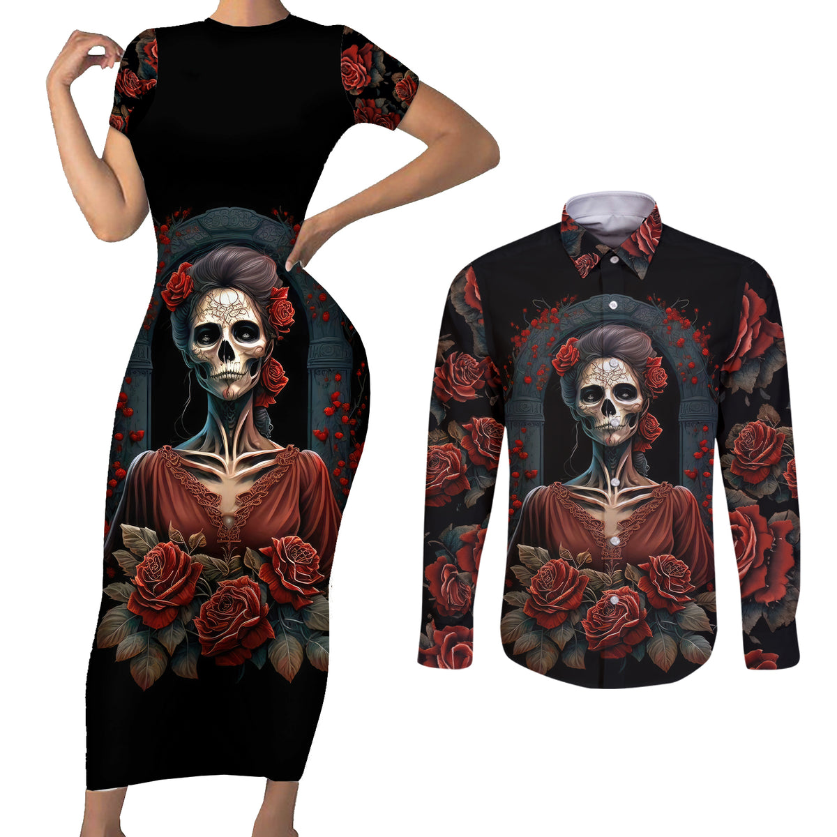 Day of Dead Lady Couples Matching Short Sleeve Bodycon Dress and Long Sleeve Button Shirt Sugar Skull Rose Lady - Wonder Print Shop