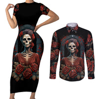 Day of Dead Lady Couples Matching Short Sleeve Bodycon Dress and Long Sleeve Button Shirt Sugar Skull Rose Lady - Wonder Print Shop
