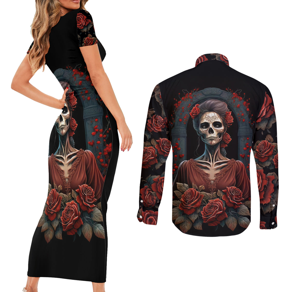 Day of Dead Lady Couples Matching Short Sleeve Bodycon Dress and Long Sleeve Button Shirt Sugar Skull Rose Lady - Wonder Print Shop