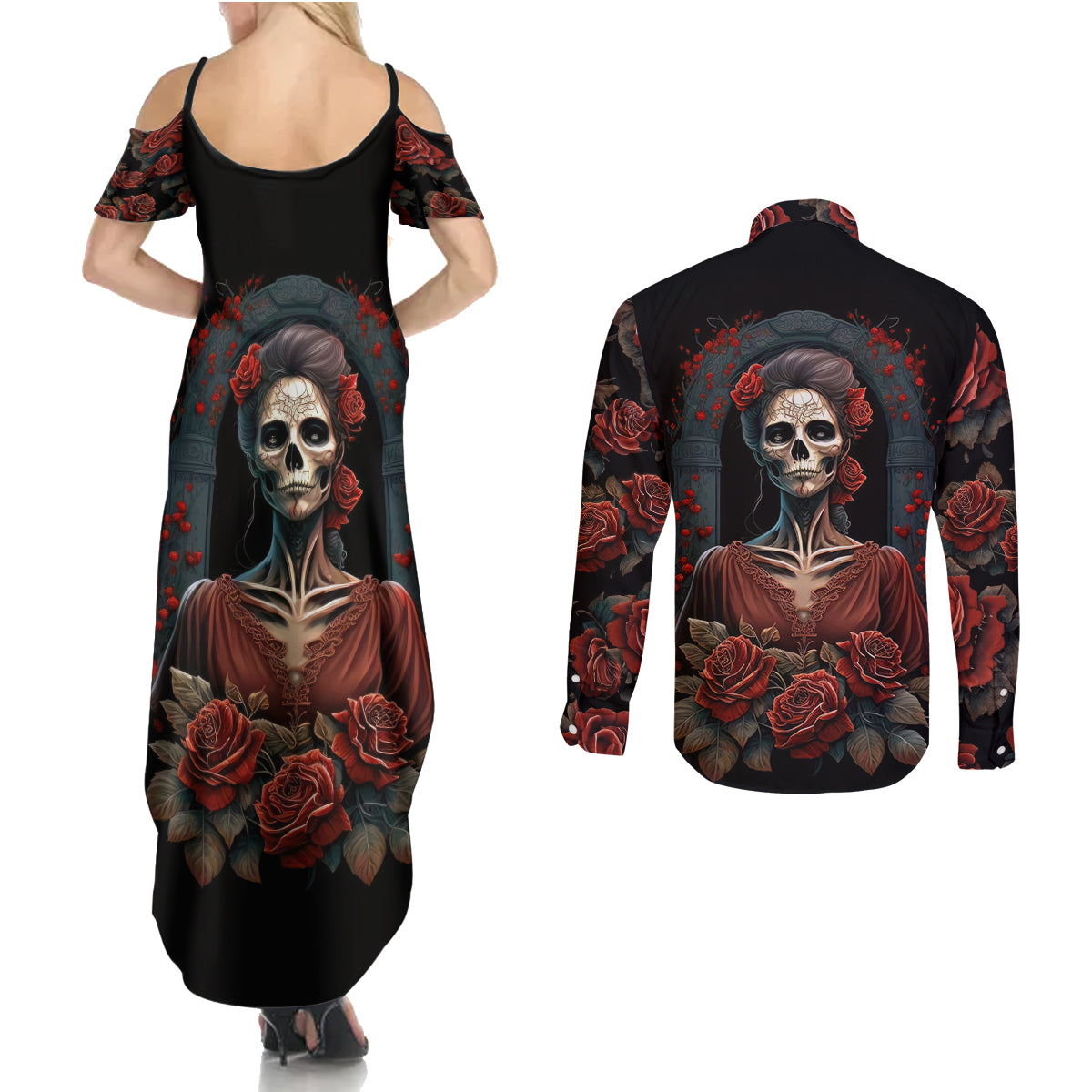 Day of Dead Lady Couples Matching Summer Maxi Dress and Long Sleeve Button Shirt Sugar Skull Rose Lady - Wonder Print Shop