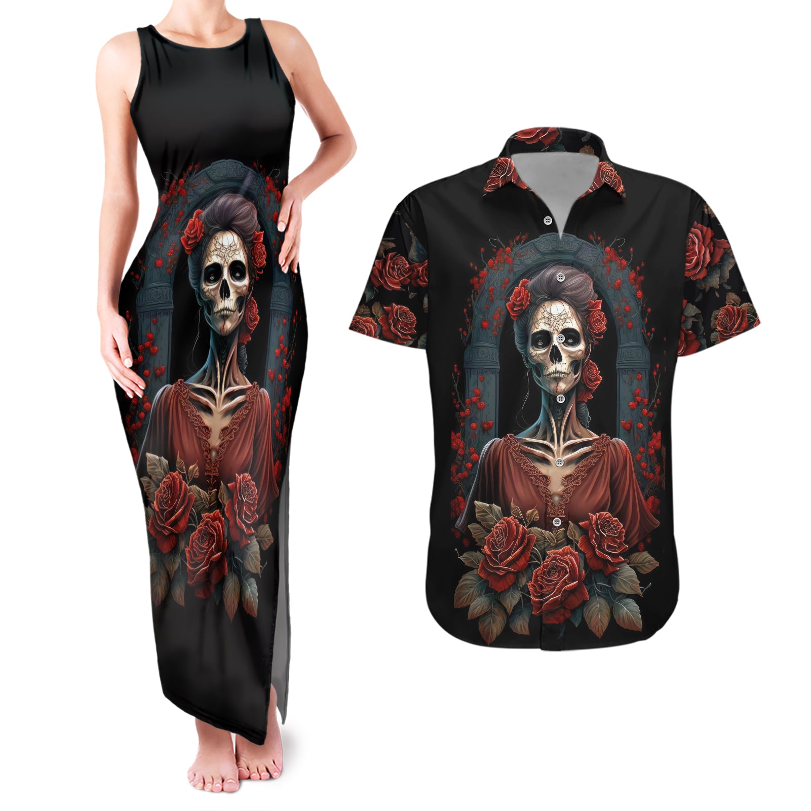 Day of Dead Lady Couples Matching Tank Maxi Dress and Hawaiian Shirt Sugar Skull Rose Lady - Wonder Print Shop