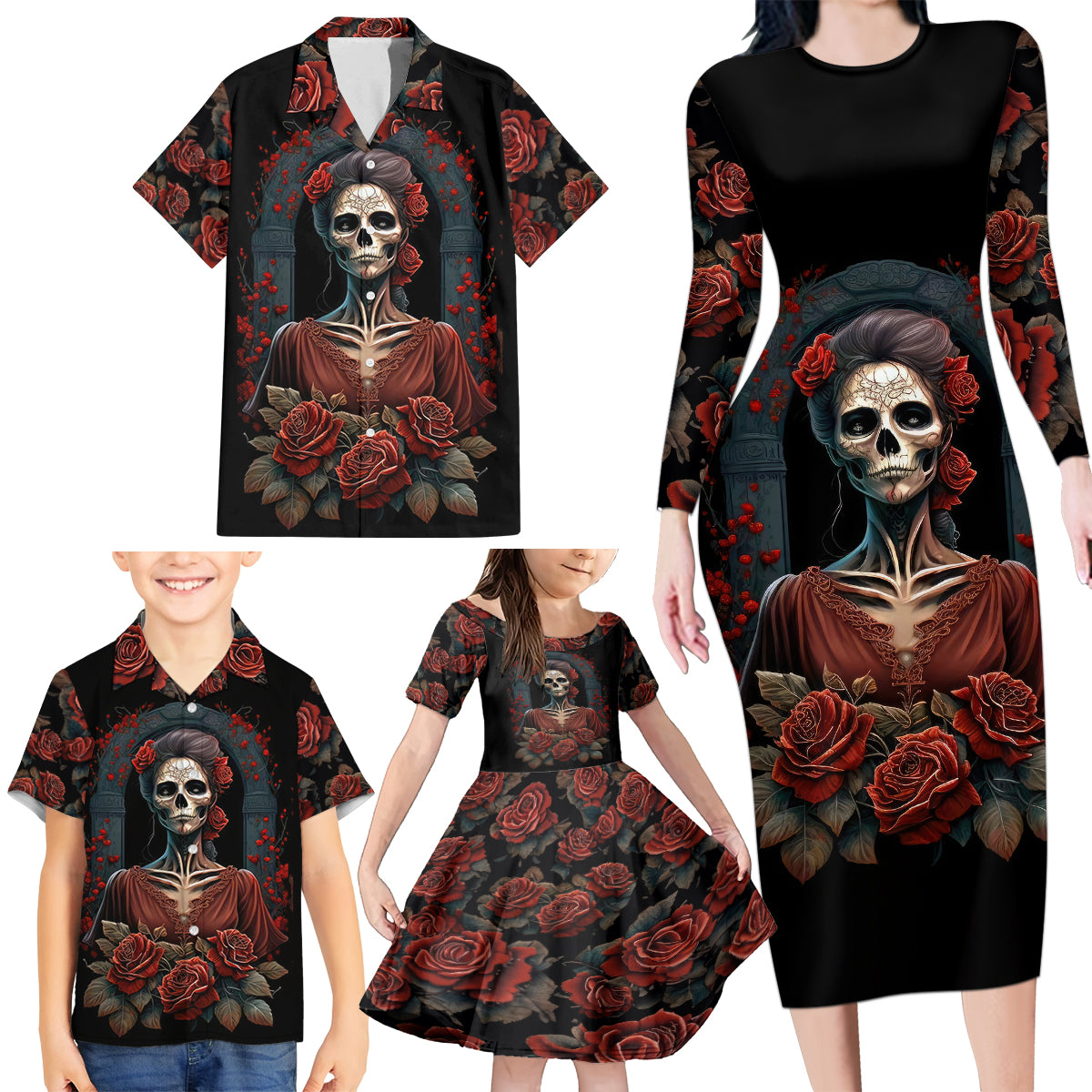 Day of Dead Lady Family Matching Long Sleeve Bodycon Dress and Hawaiian Shirt Sugar Skull Rose Lady - Wonder Print Shop