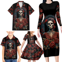Day of Dead Lady Family Matching Long Sleeve Bodycon Dress and Hawaiian Shirt Sugar Skull Rose Lady - Wonder Print Shop