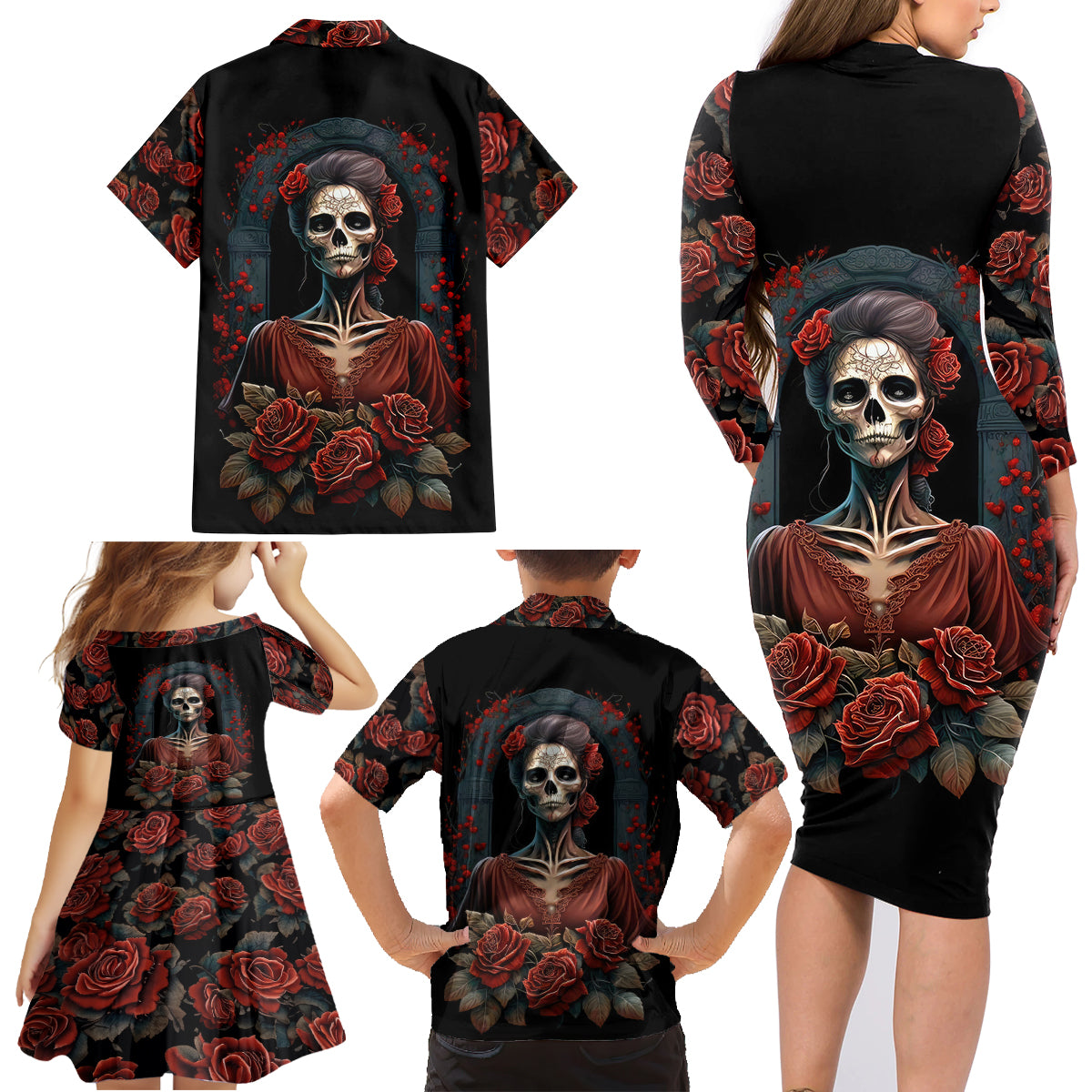 Day of Dead Lady Family Matching Long Sleeve Bodycon Dress and Hawaiian Shirt Sugar Skull Rose Lady - Wonder Print Shop