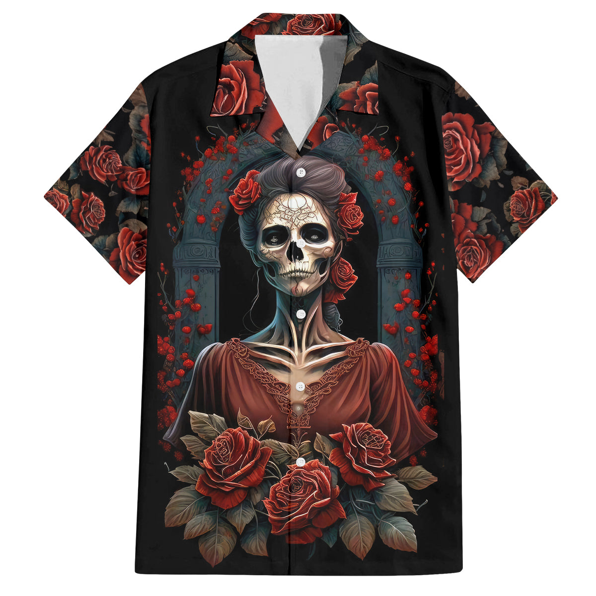 Day of Dead Lady Family Matching Long Sleeve Bodycon Dress and Hawaiian Shirt Sugar Skull Rose Lady - Wonder Print Shop