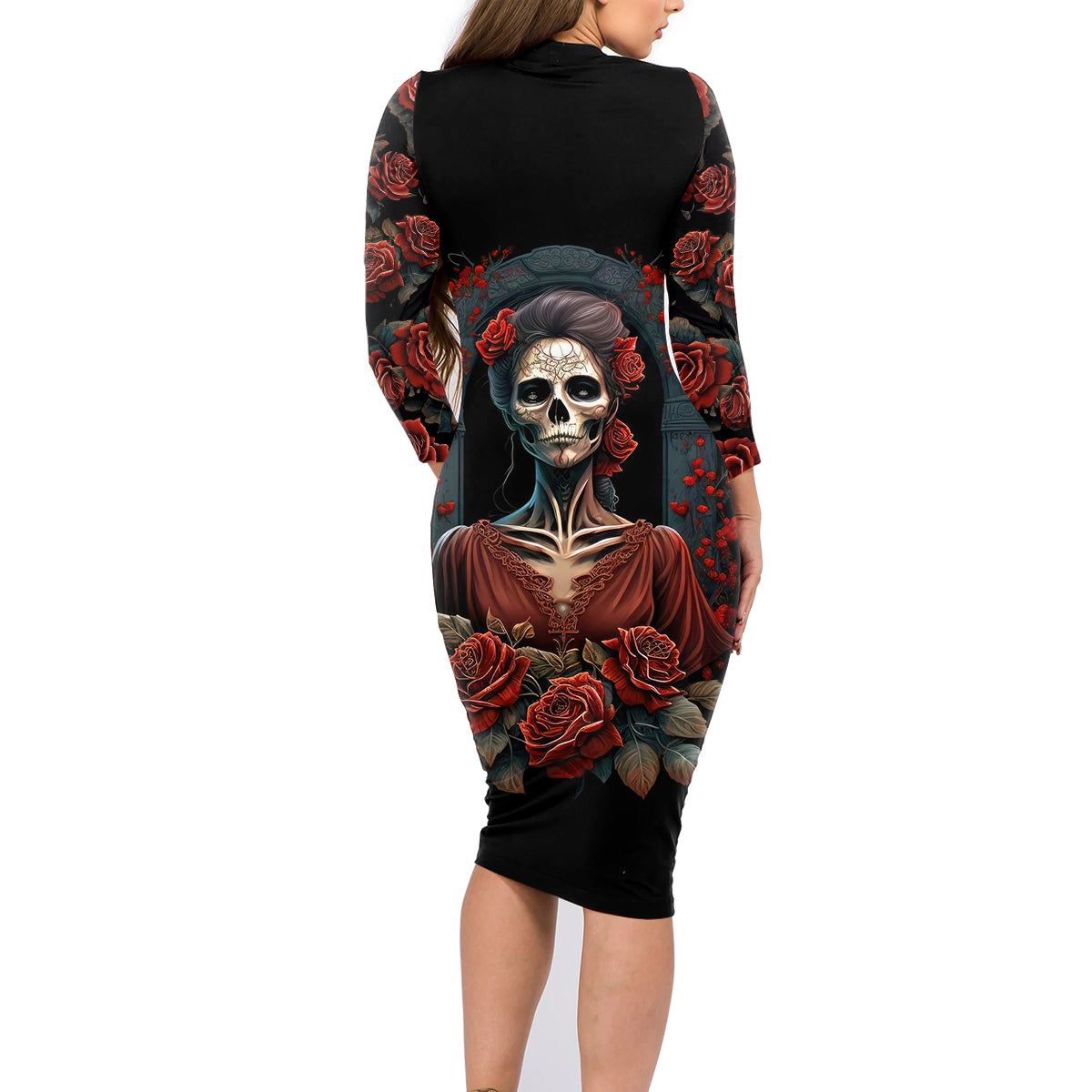 Day of Dead Lady Family Matching Long Sleeve Bodycon Dress and Hawaiian Shirt Sugar Skull Rose Lady - Wonder Print Shop