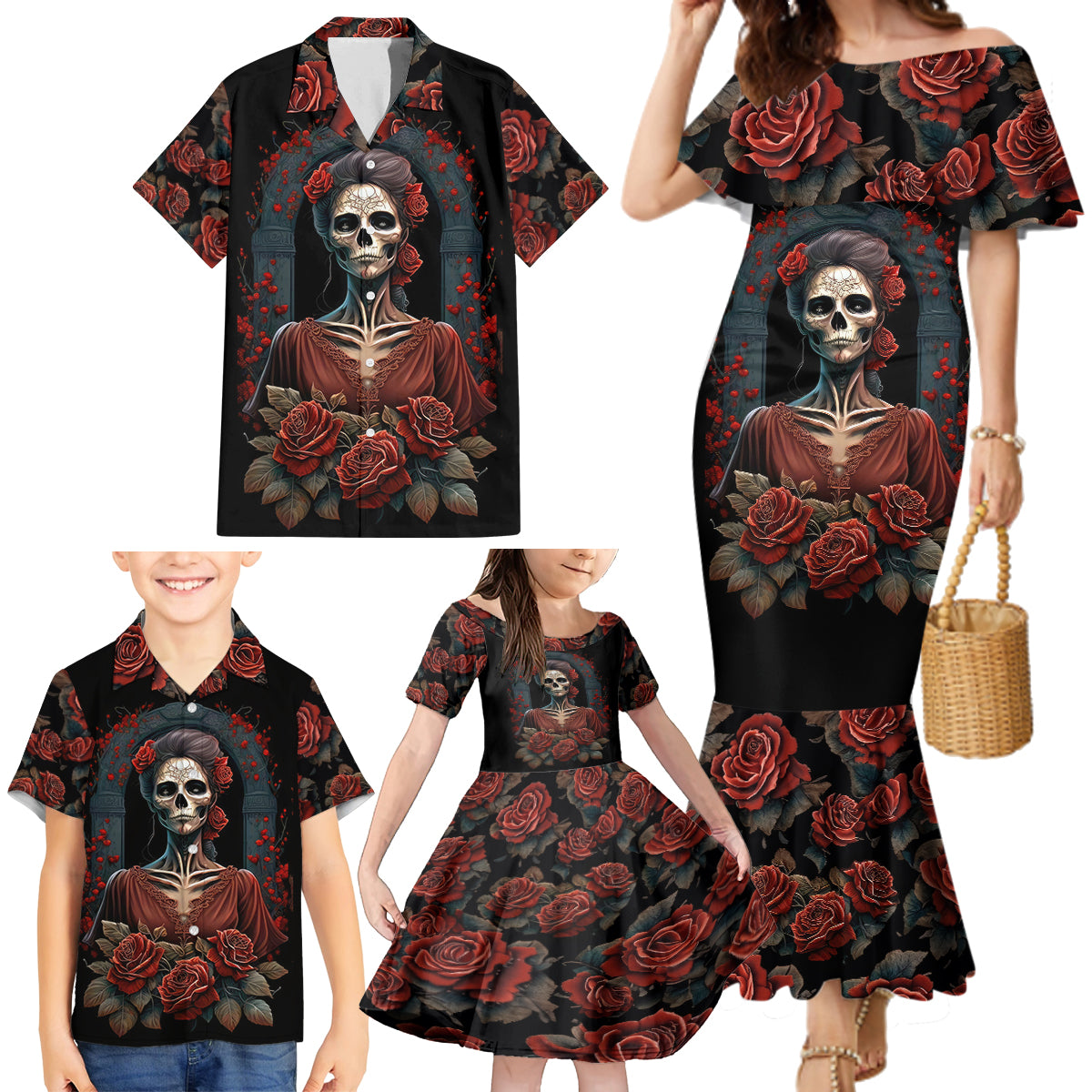 Day of Dead Lady Family Matching Mermaid Dress and Hawaiian Shirt Sugar Skull Rose Lady - Wonder Print Shop
