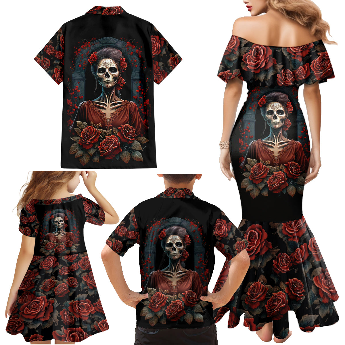 Day of Dead Lady Family Matching Mermaid Dress and Hawaiian Shirt Sugar Skull Rose Lady - Wonder Print Shop