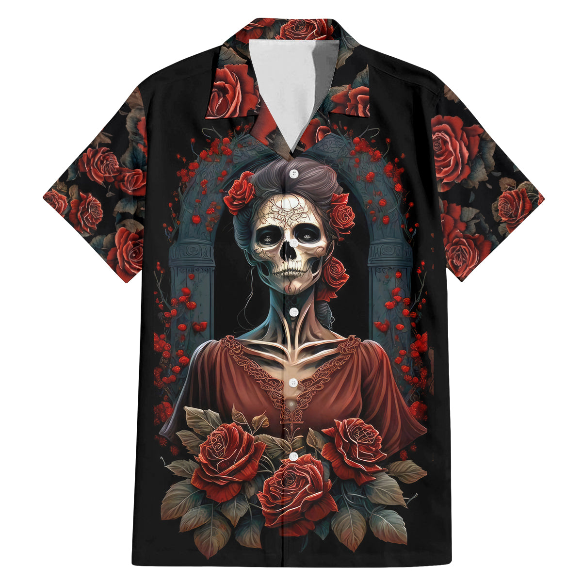 Day of Dead Lady Family Matching Mermaid Dress and Hawaiian Shirt Sugar Skull Rose Lady - Wonder Print Shop
