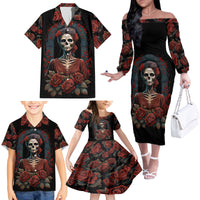 Day of Dead Lady Family Matching Off Shoulder Long Sleeve Dress and Hawaiian Shirt Sugar Skull Rose Lady - Wonder Print Shop