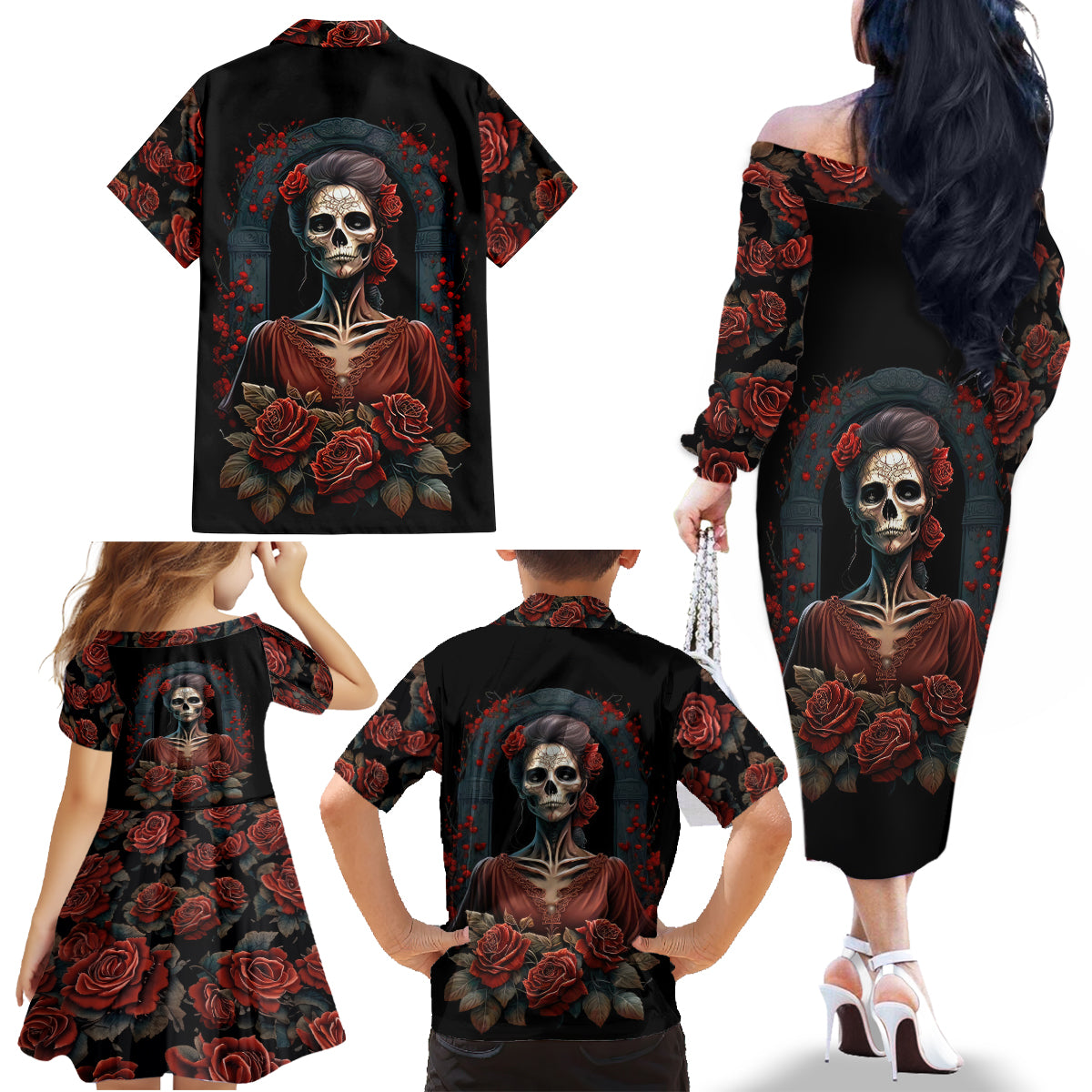 Day of Dead Lady Family Matching Off Shoulder Long Sleeve Dress and Hawaiian Shirt Sugar Skull Rose Lady - Wonder Print Shop