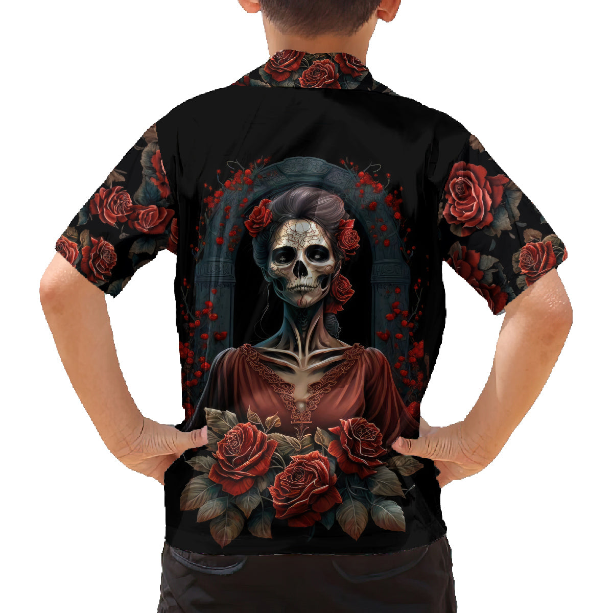 Day of Dead Lady Family Matching Off Shoulder Maxi Dress and Hawaiian Shirt Sugar Skull Rose Lady - Wonder Print Shop
