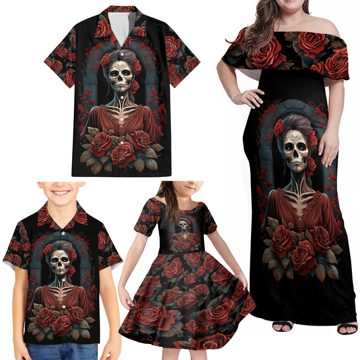 Day of Dead Lady Family Matching Off Shoulder Maxi Dress and Hawaiian Shirt Sugar Skull Rose Lady - Wonder Print Shop