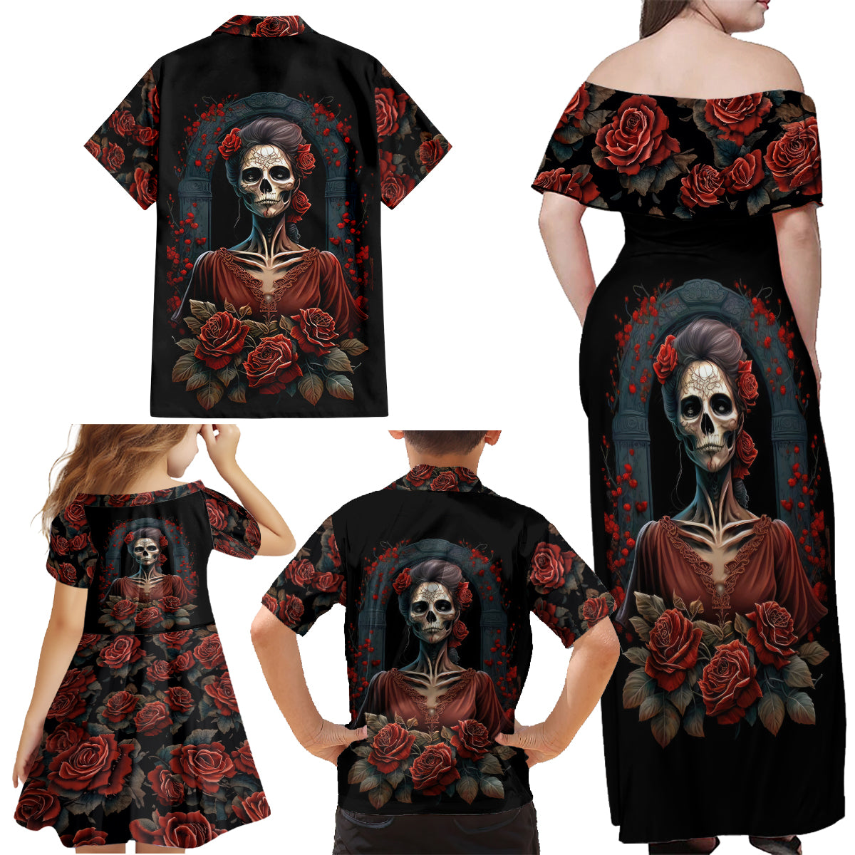 Day of Dead Lady Family Matching Off Shoulder Maxi Dress and Hawaiian Shirt Sugar Skull Rose Lady - Wonder Print Shop
