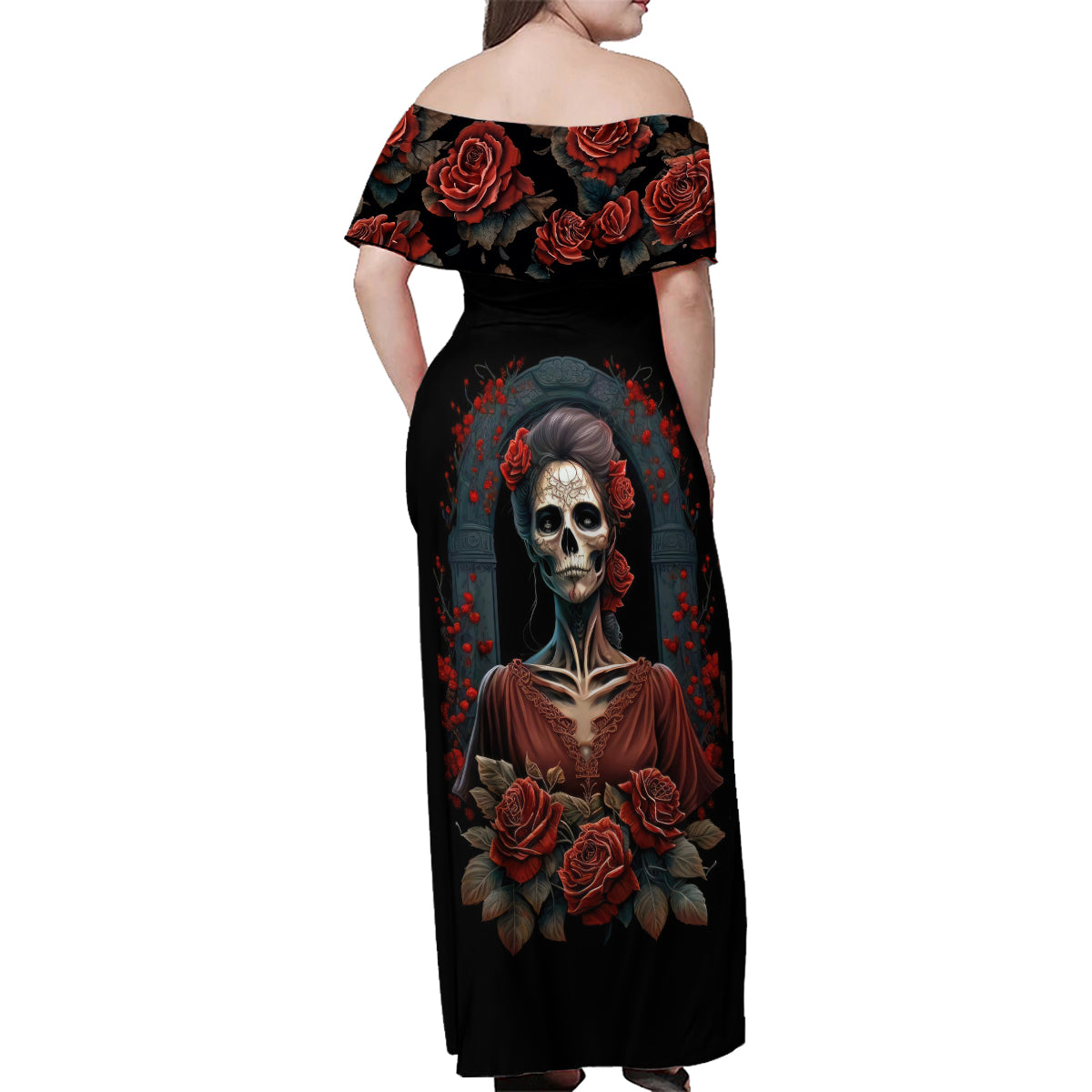 Day of Dead Lady Family Matching Off Shoulder Maxi Dress and Hawaiian Shirt Sugar Skull Rose Lady - Wonder Print Shop