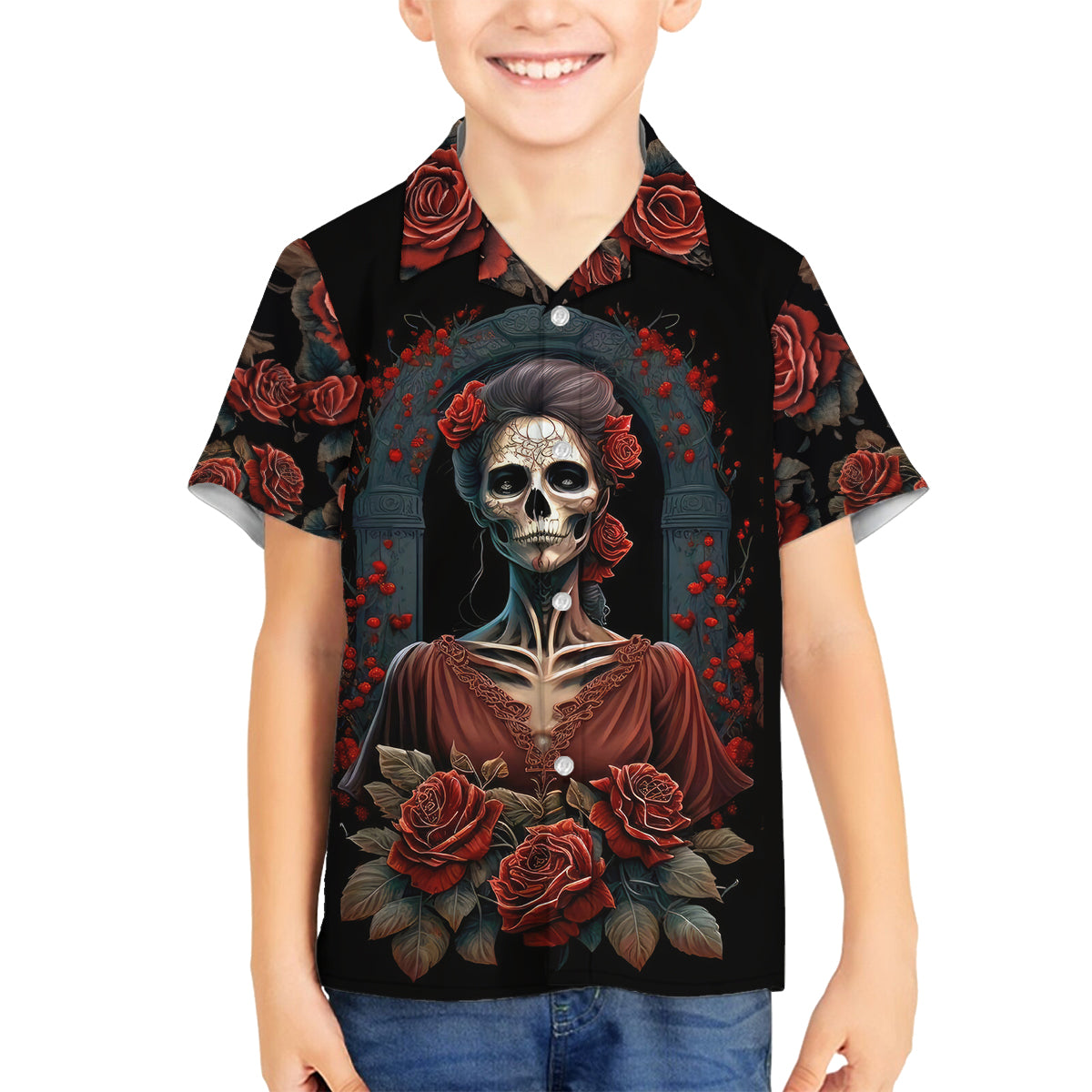 Day of Dead Lady Family Matching Off Shoulder Maxi Dress and Hawaiian Shirt Sugar Skull Rose Lady - Wonder Print Shop