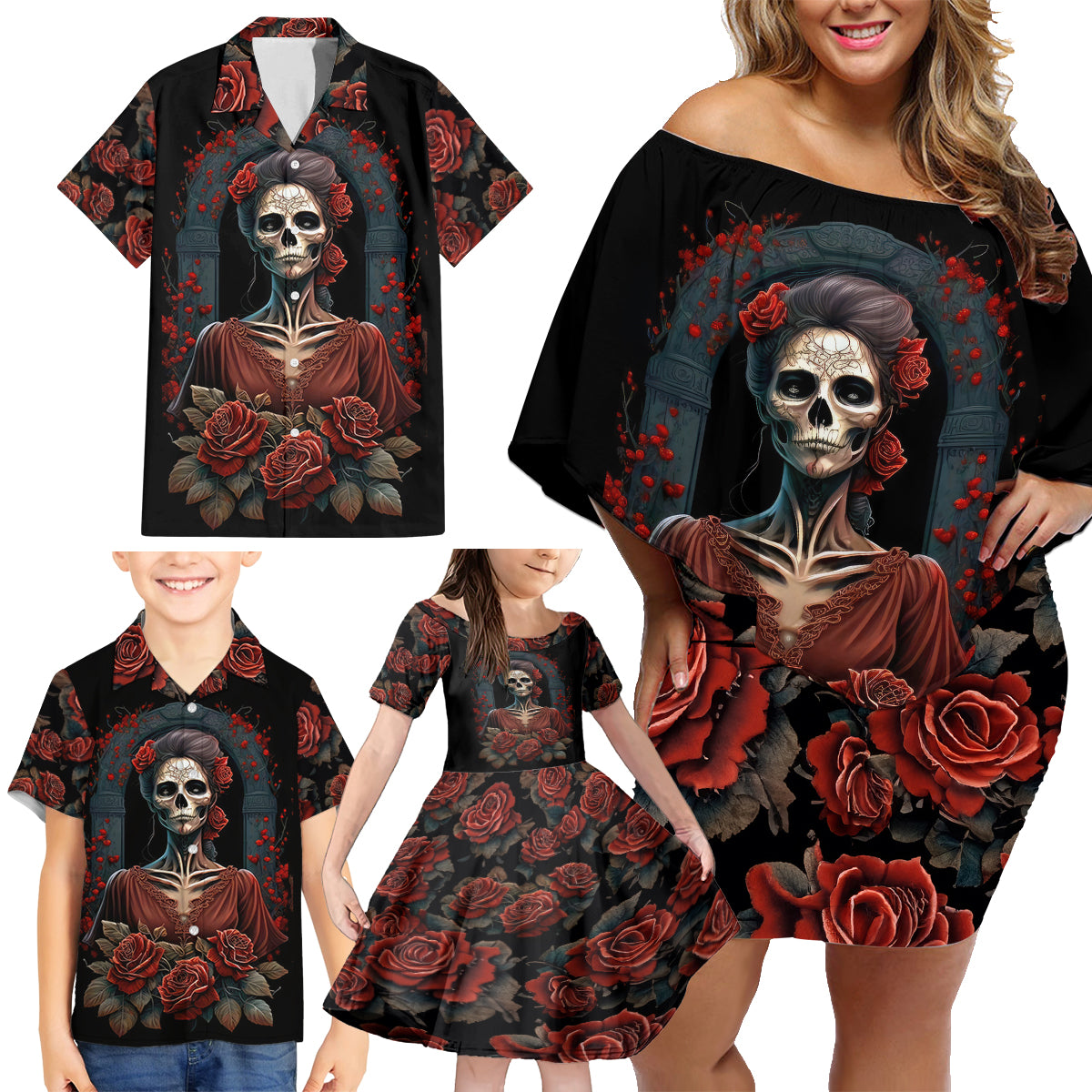 Day of Dead Lady Family Matching Off Shoulder Short Dress and Hawaiian Shirt Sugar Skull Rose Lady - Wonder Print Shop