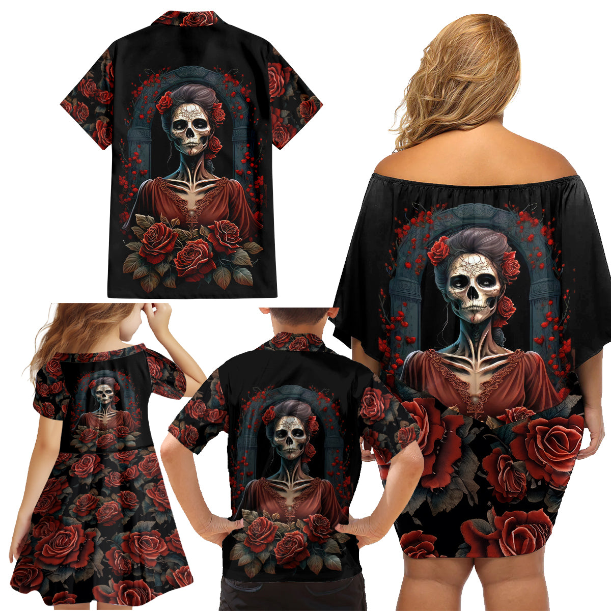 Day of Dead Lady Family Matching Off Shoulder Short Dress and Hawaiian Shirt Sugar Skull Rose Lady - Wonder Print Shop