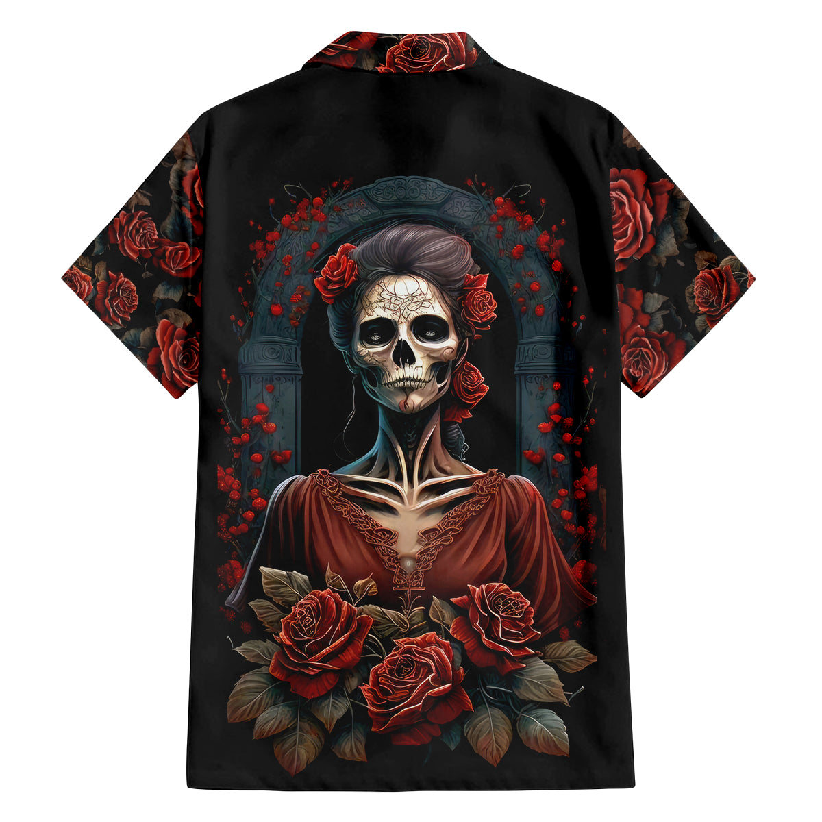 Day of Dead Lady Family Matching Off Shoulder Short Dress and Hawaiian Shirt Sugar Skull Rose Lady - Wonder Print Shop