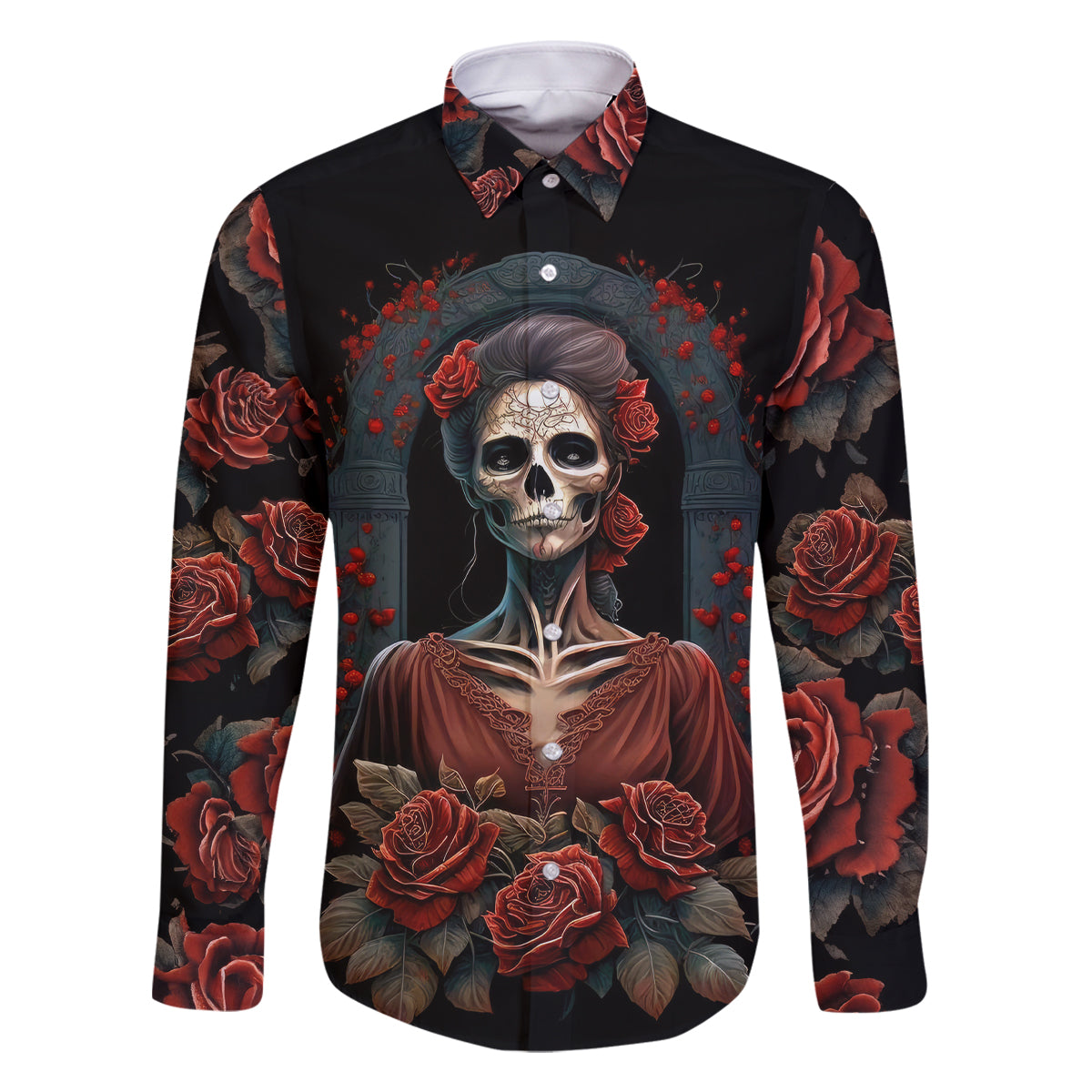Day of Dead Lady Family Matching Off Shoulder Short Dress and Hawaiian Shirt Sugar Skull Rose Lady - Wonder Print Shop